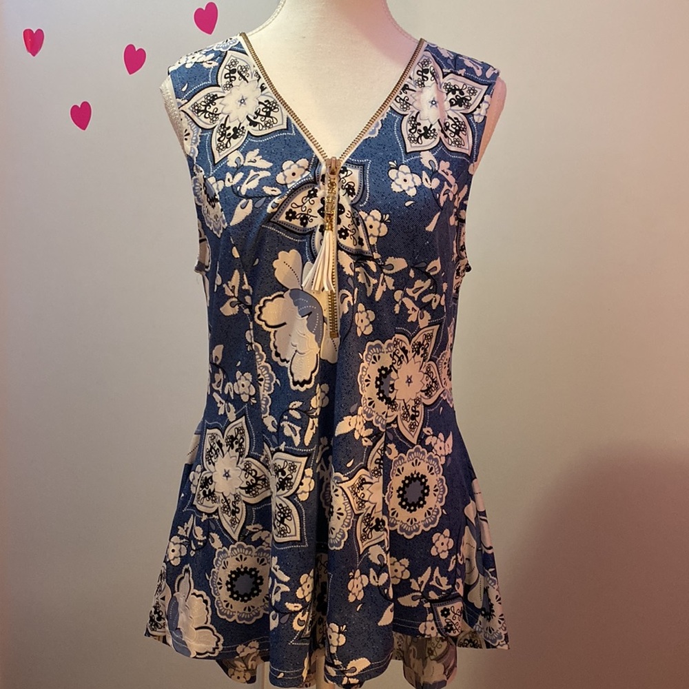 Suzy Shier Floral Beaded Zipper Front Peplum Blouse